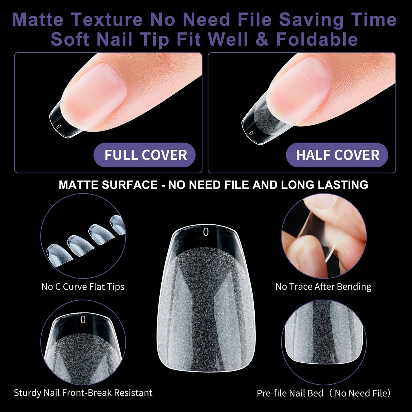 Half Matte Short Coffin Fake Nail Tips, Soft Gel Pre-Shaped Nail Tips, Full Cover False Nails with Clear Box for Nail Salons and DIY Nail Art, 600PCS/12 Sizes
