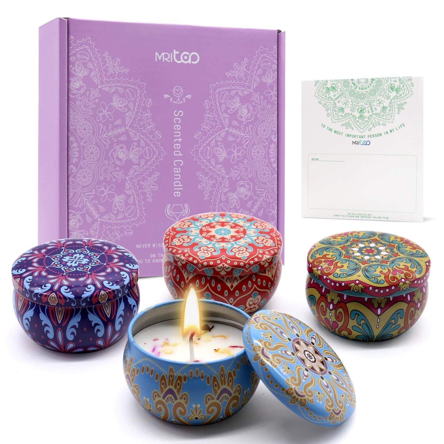 Scented Candles Gift Set for Women 4 Pack Soy Wax Candles with Dried Flowers Reusable Tin Aromatherapy Relaxation Gift for Birthday Mothers Day Valentines Day