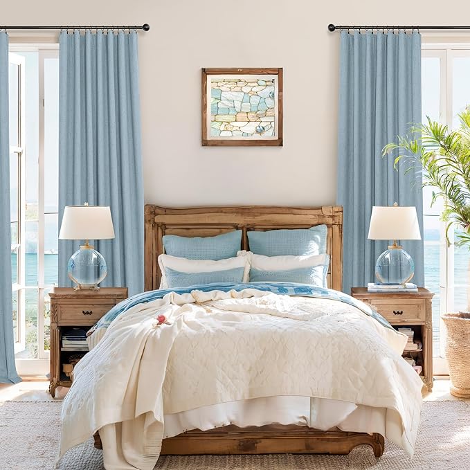 Light Blue Room Darkening Curtains for Bedroom Cute 45 Inch Length 2 Panels Cotton Linen Textured Short Blackout Curtains for Small Window Nursery Boy Girls Room Bathroom Kitchen Door Back Tab 45 Long