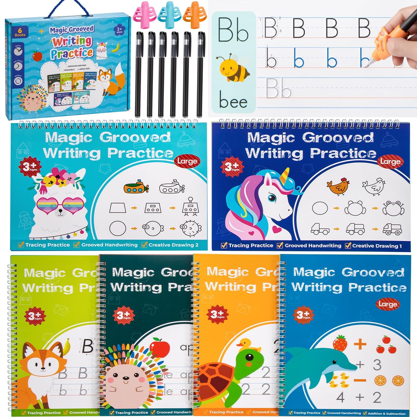 Magic Grooved Writing Practice, Tiny Thinkers Reusable Indented Handwriting Practice for Kids 3-5, Your Little Explorer Motor Magic Happy Writer System Children Set Age 6-8 for Preschool Kindergarten