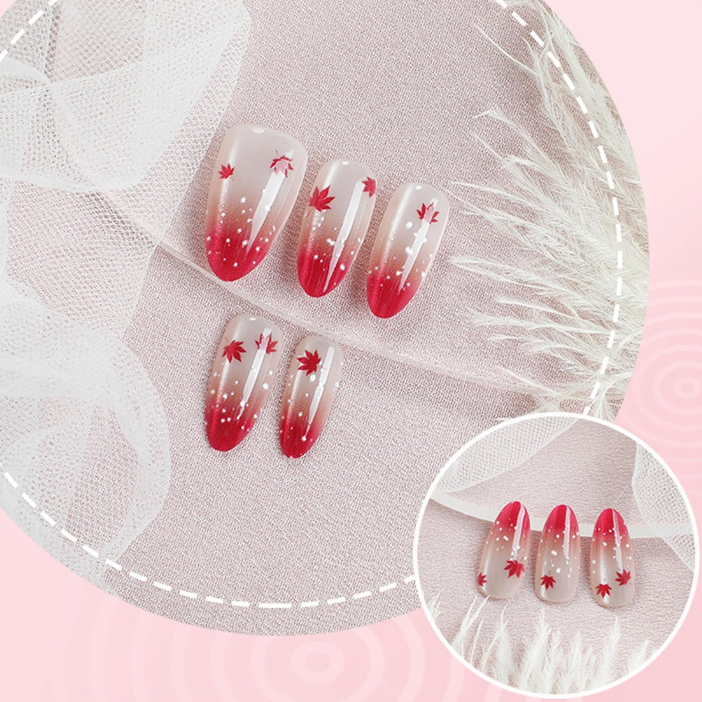 30Pcs Autumn Press on Nails Medium Almond Artificial Acrylic False Nails French Red Tip Maple Leaf Design Stick on Nail Thanksgiving Full Cover Artificial Fingernails for Women Festival Manicure