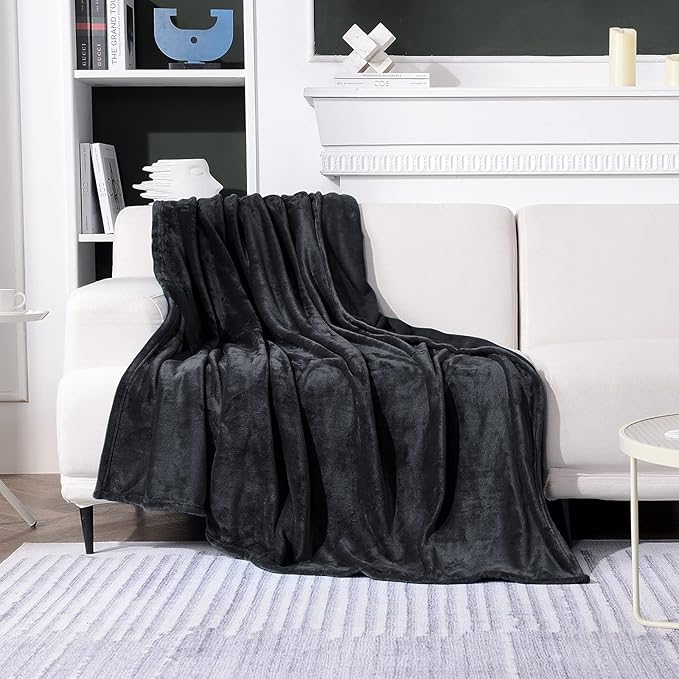 SOCHOW Flannel Fleece Blanket Queen Size, All Season Lightweight Super Soft Cozy Blanket for Bed or Couch, Dark Grey, 90x90 inches