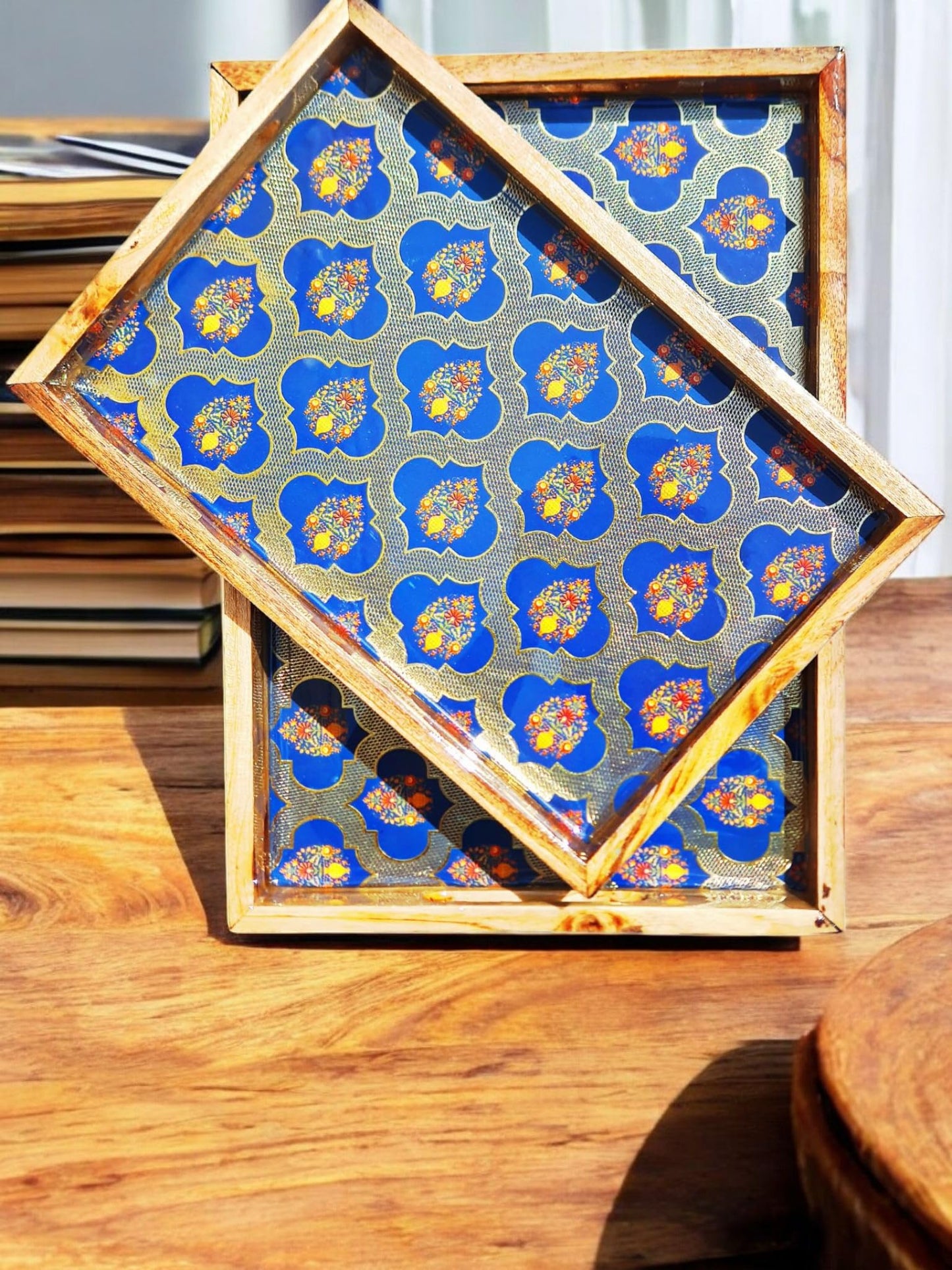 Vetali Export Handcrafted Teakwood Serving Tray Set of 2, Decorative Rectangular Trays with Handles, Breakfast in Bed, Coffee Table, Dinner, BBQ, Snacks, Appetizers, Lap Desk Tray for Couch - Blue