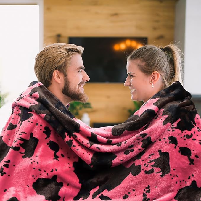 King Size Throw Blanket for Bed - Pink Cow Print Blanket Lightweight Warm Fuzzy Soft Fleece Bedding for Bedroom, Living Room, Gifts for Women