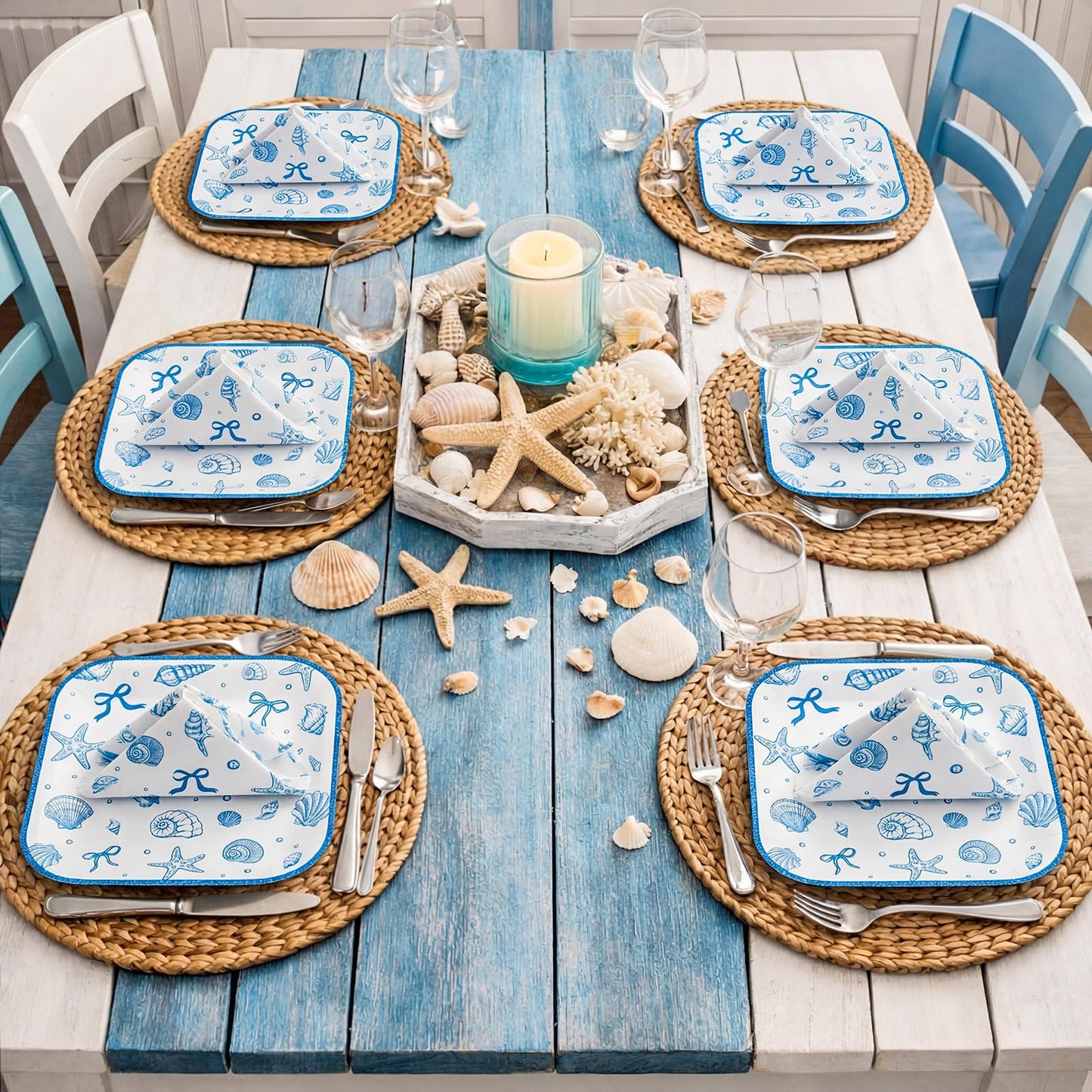 Zhehao 72 Pcs Coastal Seashell Plates and Napkins Set Serve 36, 7" Ocean Beach Party Supplies Disposable Blue Bow Starfish Seashell Beach Bachelorette Under The Sea Dinnerware Decoration