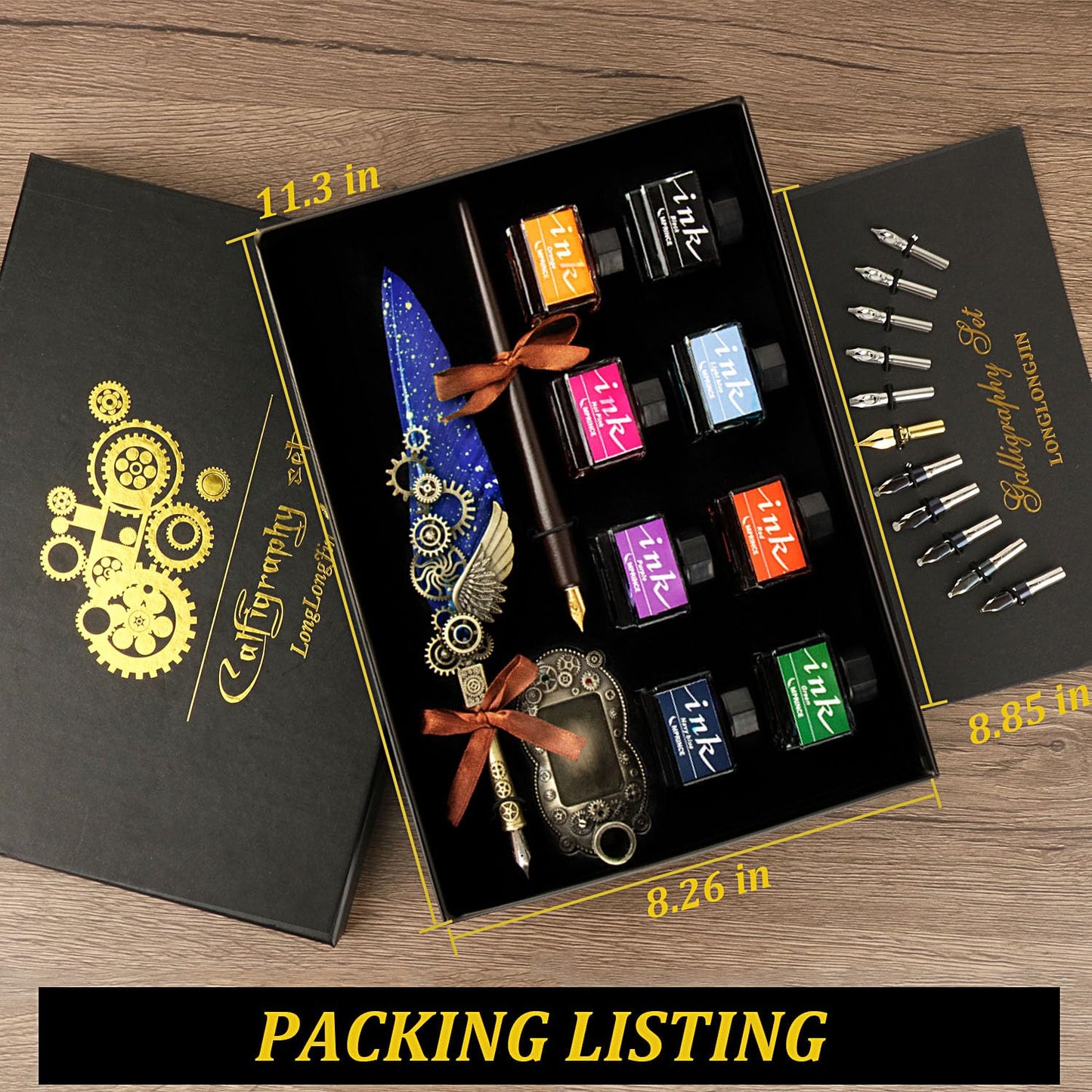 LongLongJin Calligraphy Pens and Ink Set - Calligraphy Kits for Beginners,Quill Pen Includes Dip Pen,8*Colors Ink,11*Calligraphy Pen Nibs（Blue）