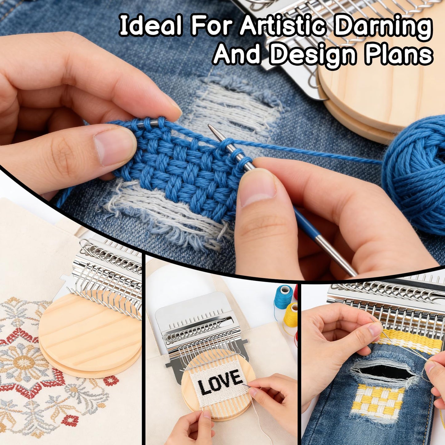 PatchMaker 2.0 Kit, Mini Portable Darning Loom for Beginners, Knitpatch Kit for Holes Repair on Socks, Clothes & Jeans, Sewing Repair Weaving Tool Set, Craft Supplies (14 Hooks)