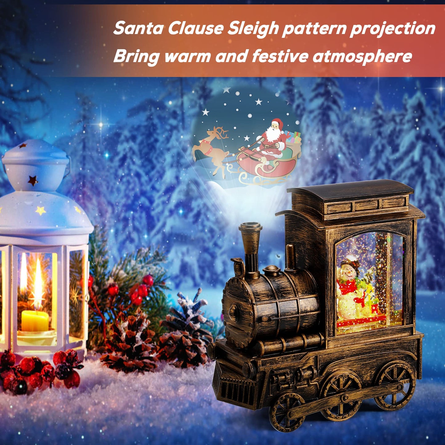 IPOW Christmas Snow Globe Lantern Train with Santa Sleigh Projection, Water Swirling Glitter Musical and Lighted USB Powered & Battery Operated Music Box for Christmas Home Decoration Gift