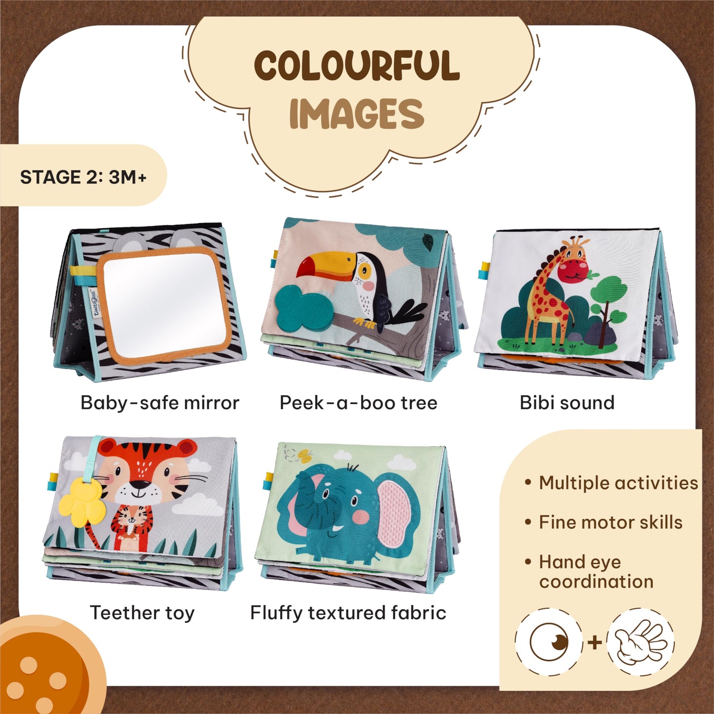 TINITIGIES Tummy Time Mirror for Babies - High Contrast Baby Mirror Book with Silicone Teether & Crinkle Pages - Tummy Time Toys for Babies 0 3 6 9 Months