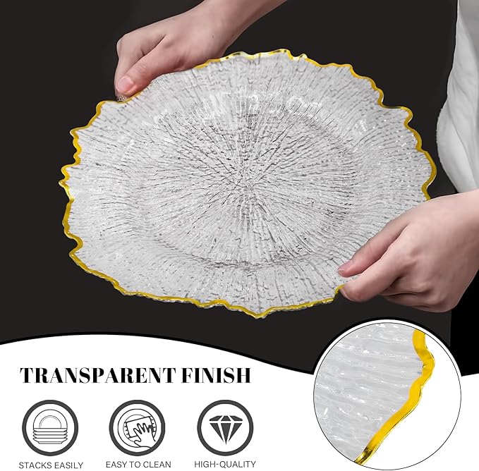 MAONAME 13" Clear Charger Plates, Round Reef Chargers for Dinner Plates, Plastic Plate Chargers for Table Setting, Wedding Decor, Set of 8