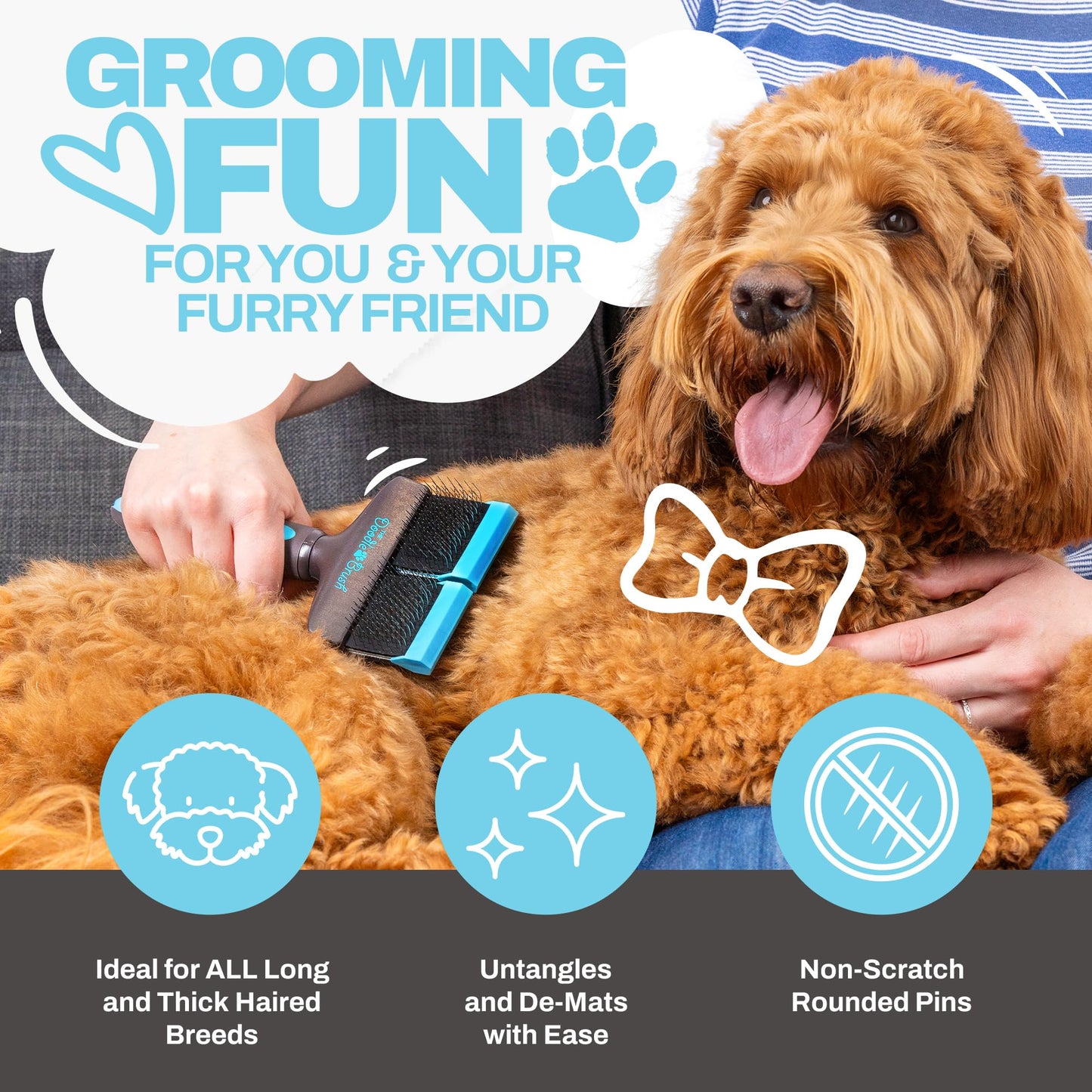 The Doodle Brush - Slicker Dog Brush Bundle for Cockapoo, Goldendoodle & Poodle - Single & Double Head Grooming Brush for Long-Haired Dogs - Detangler & Grooming Tool