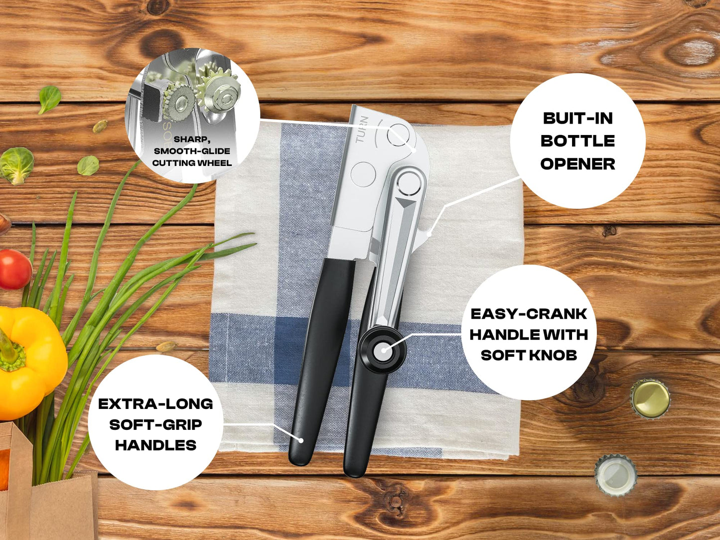 Heavy Duty Can Opener with Magnet – Commercial Can Opener Manual for Seniors, Hand Held, Sharp Blade, Smooth Edge – Folding Knob for Easy Storage, Built in Bottle Opener