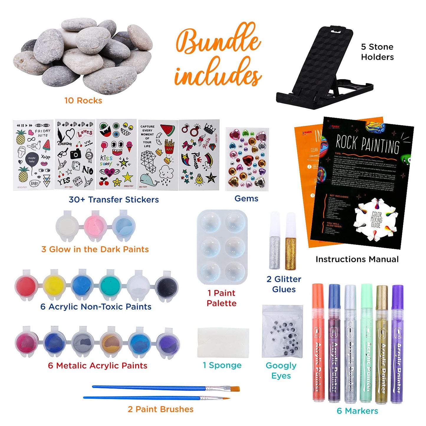 J MARK Premium Rock Painting Kit - Acrylic Paint Pens for Rock Painting, Glow in the Dark and More