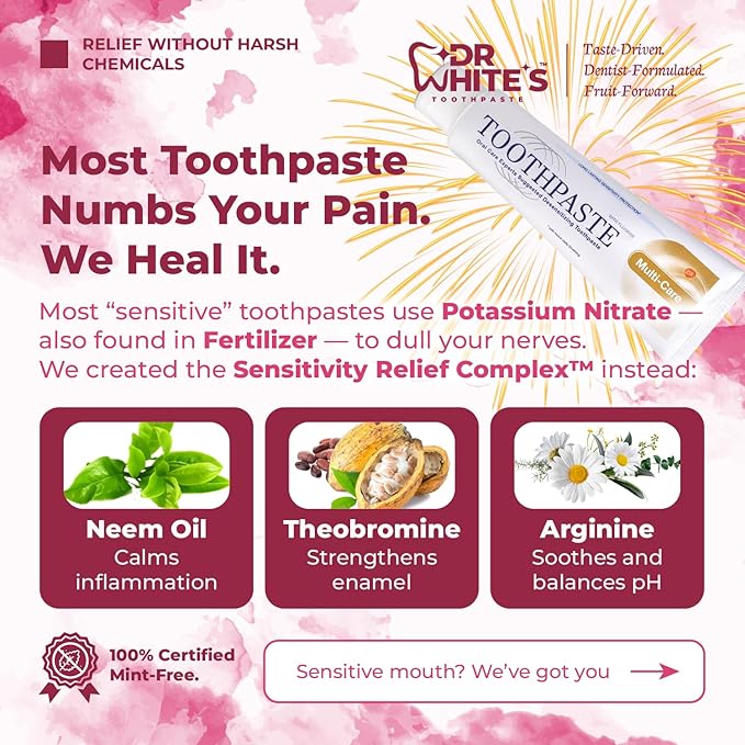 Dr. White’s Fluoride-Free nHA Toothpaste; Dentist-Formulated, Nano Hydroxyapatite + Xylitol, Sensitivity Relief Complex™, Mint-Free, Enamel Safe, Swallow-Safe (3.5 Oz, Guava Glow)