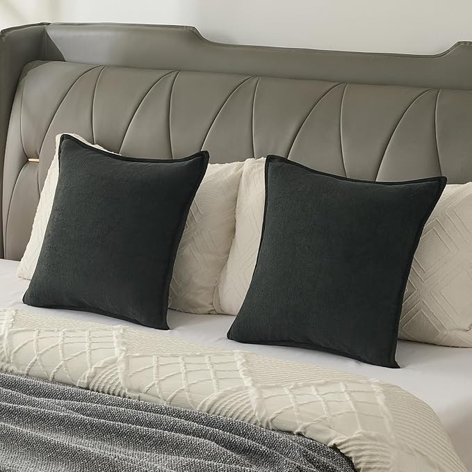 FUTEI Black Chenille Throw Pillow Covers 26x26 Inch Set of 2,Edges Double-Stitched Euro Pillow Shams,Modern Home Decor for Couch Living Room