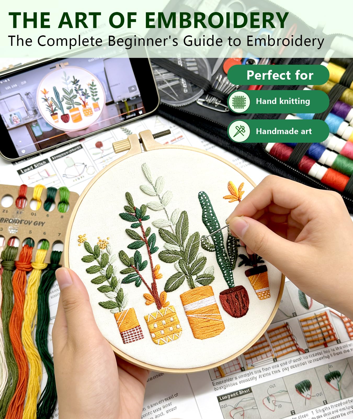 Irosiy 4 Pack Embroidery Kit for Beginners - 4 Cute Plant Pot Patterns, All-Inclusive Starter Set with Pre-Printed Canvas, Hoops - Handmade Home Decor Gift for DIY Craft Lovers