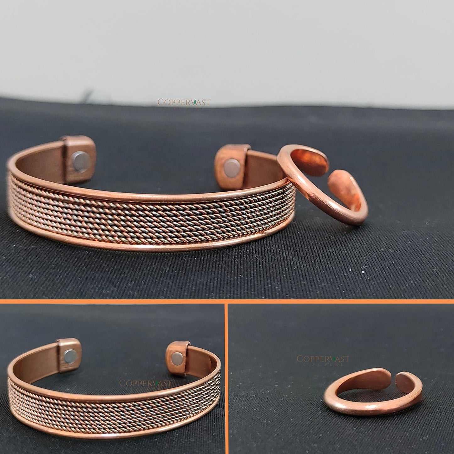 Coppervast Pure Copper Bracelet & Ring Set – Adjustable Handmade 99.99% Solid Copper Jewelry for Men & Women | Elegant Copper Cuff Bracelets & Ring Gift for Men and Women