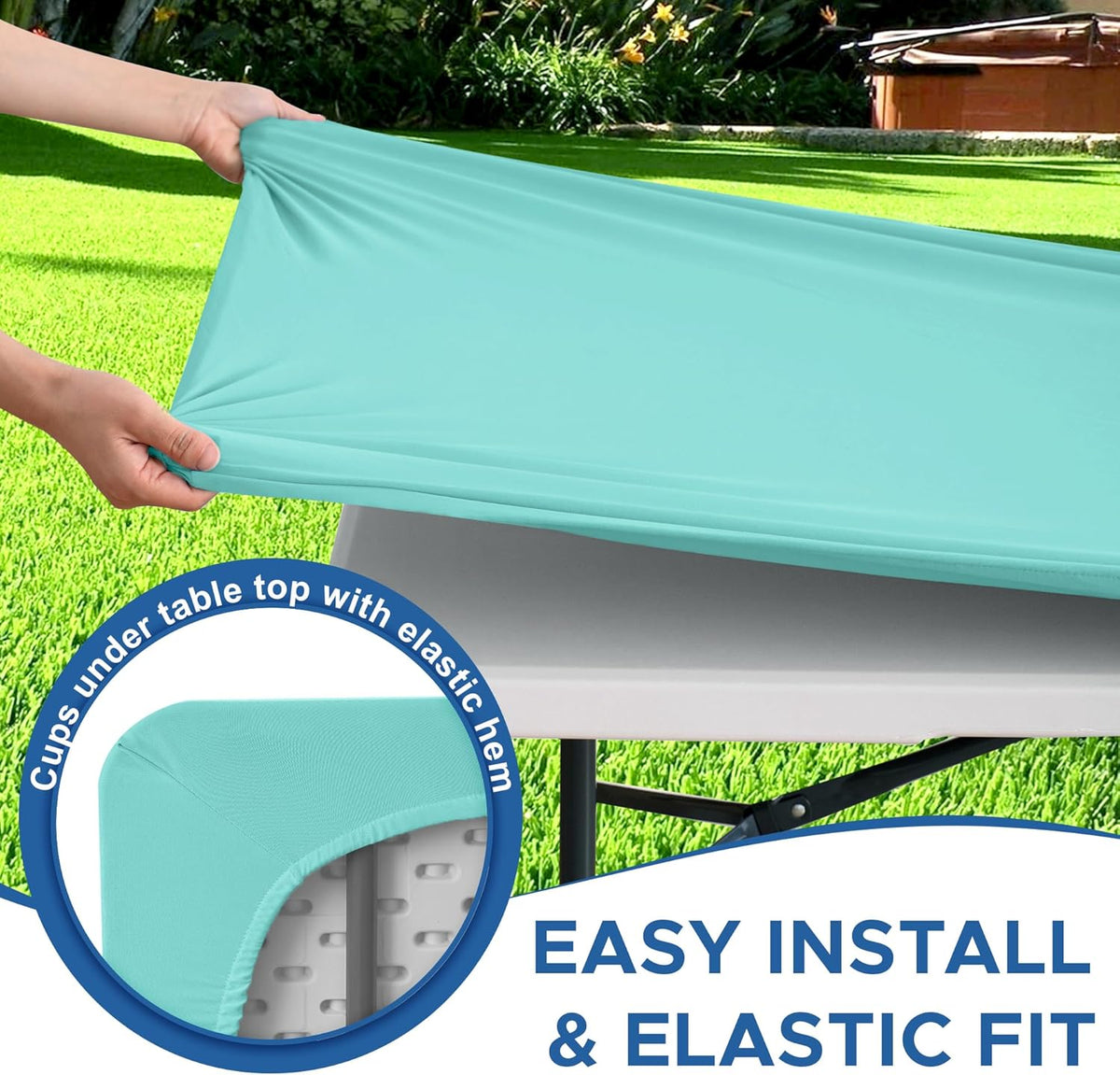 Fitted Tablecloth for 8 foot Rectangle Tables-6 Pack Aqua Blue Elastic Outdoor Picnic Table Cover-Spandex Stretch Folding Table Cloths 8ft for Camping Dining Room Patio Kitchen Banquet Party