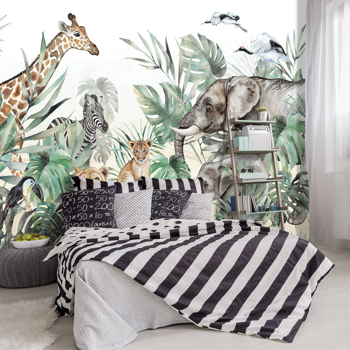 -Tropical Rainforest Plants Animals Tigers Fabric Wallpaper Jungle Plants Banana Leaves Boys Girls Kindergarten Children Bedroom Large Mural- 91"x65"（ not Peel and Stick）