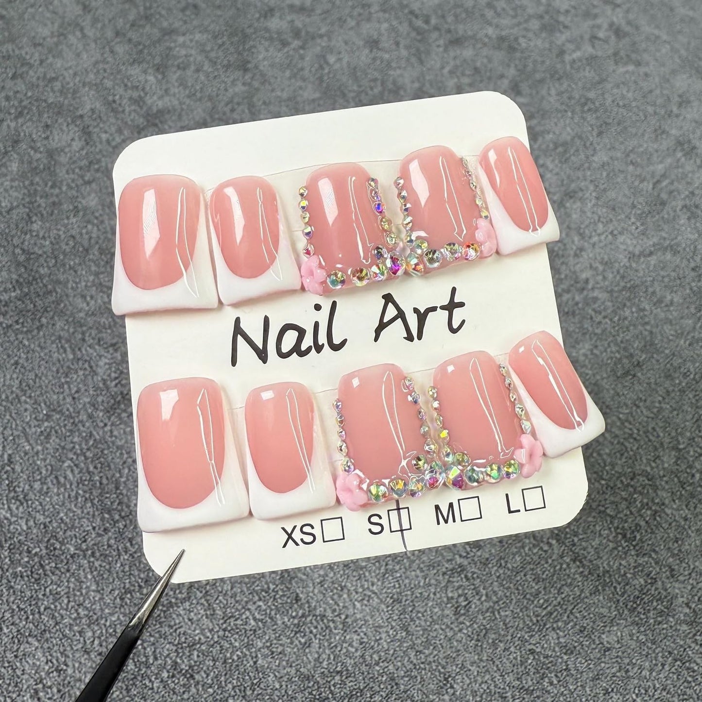 Luxury Flower Medium Duck Press on Nails Handmade Nails with 3D Flower & Rhinestone Art Design White French Thicked Short False Nails Muti-Layer Gel Handmade Nail for Women (Size S)