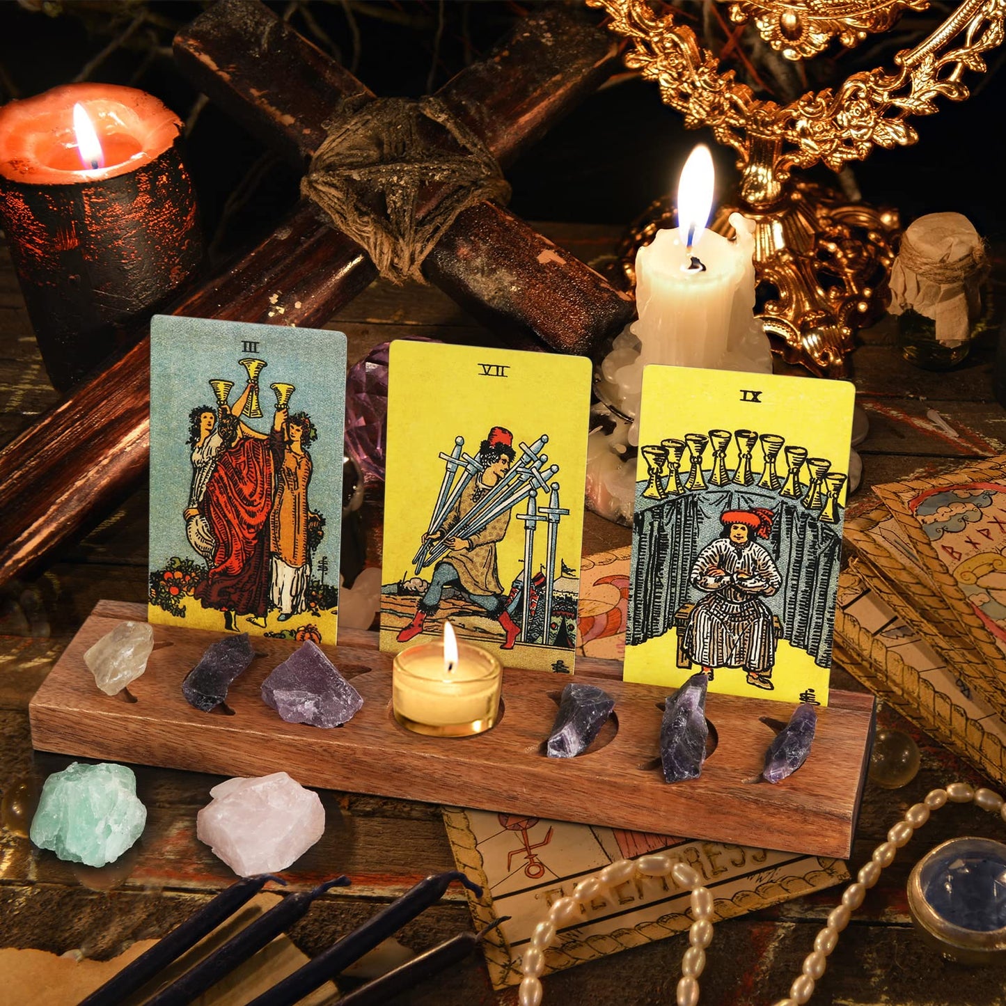 Ceiner Wooden Tarot Card Holder with Moon Phase, Witchy Stand for Oracle Lenormand Meditation, Display Daily Affirmation Cards Tarot Reading Accessories Pagan Altar Wiccan Decoration Gift Supplies