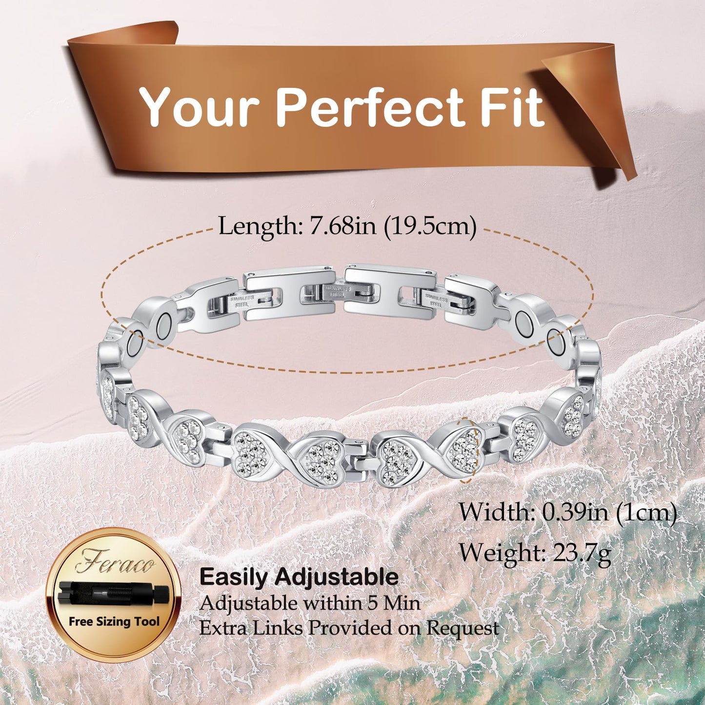 Feraco Ultra Strength Magnetic Bracelets for Women with 3800 Gauss Magnets, Stainless Steel Magnet Bracelet, Adjustable with Sizing Tool