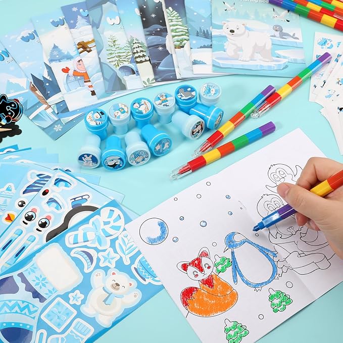 BenLouis Winter Party Favors Set Holiday Themed Coloring Book Classroom Gift Prizes Bulk for Students Kids Christmas Frozen Birthday Goodie Bag Stuffers Pinata Filler (48Set Snowflake)