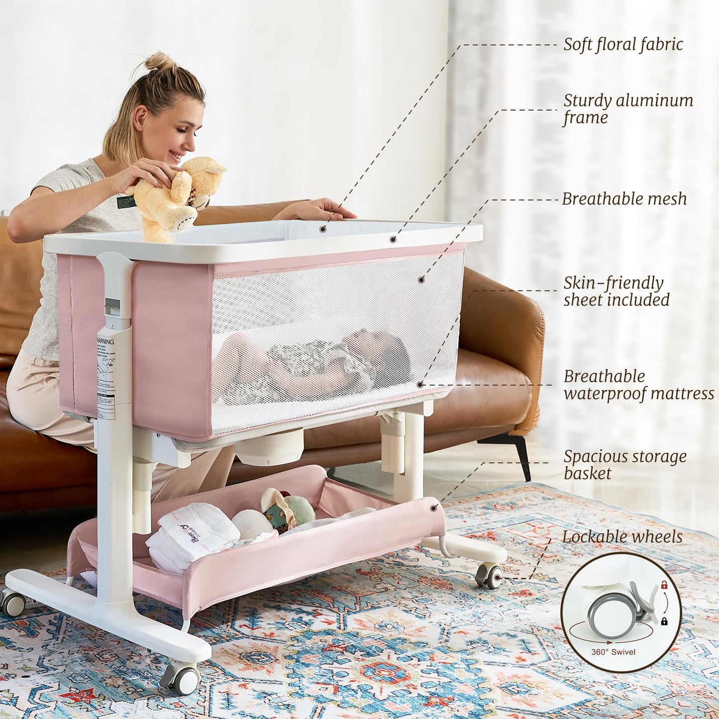 Staroyal Electric Bassinet Baby Cradle 3 Rocking Motion, 3 in 1 Baby Bassinets for Newborn with 5 Heights Adjustable, Girl/boy Automatic Rolling Bedside Sleeper, Pink