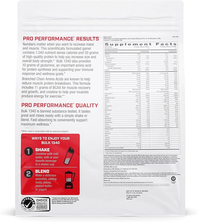GNC Pro Performance Bulk 1340 Mass Gainer Protein Powder, 50g, Gluten Free, Whey, Creatine, BCAA, 3rd Party Tested, Muscle Recovery & Growth, Micronutrients, Vanilla Ice Cream, 9 Servings