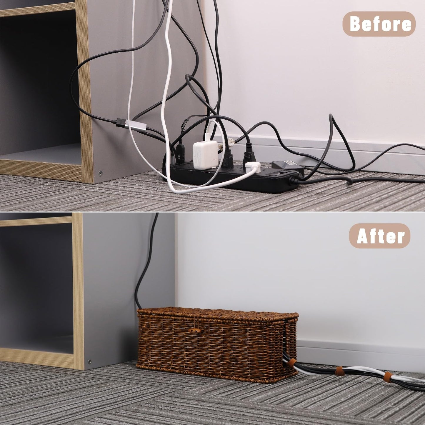 BROWNLILY Rattan Wire Storage Box, Handmade Cord Organizer for Desk Cord Hider Outlet Covers Baby Proofing for Power Strip TV PC Router Charger Under Desk Cable Management Box