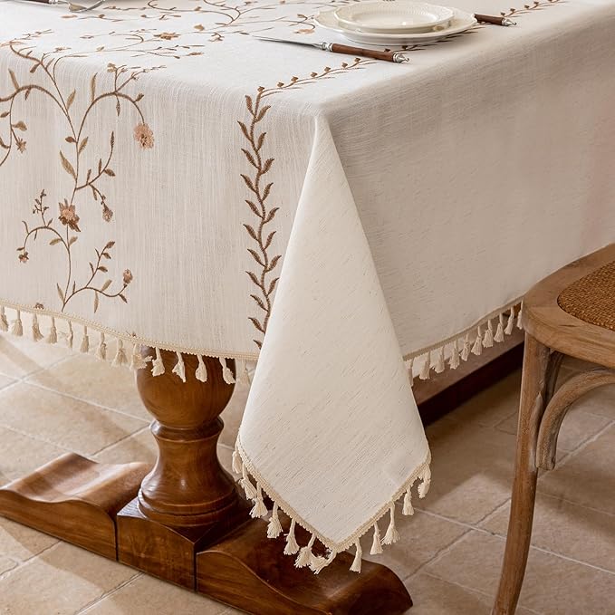Joyfol Day Linen Waterproof Tablecloth with Tassels, Rustic Farmhouse Flowers Embroidery Table Cloths for Rectangle Tables, Heavy Weight Spill-Proof Table Covers, Coffee Florals, 55''x 102''