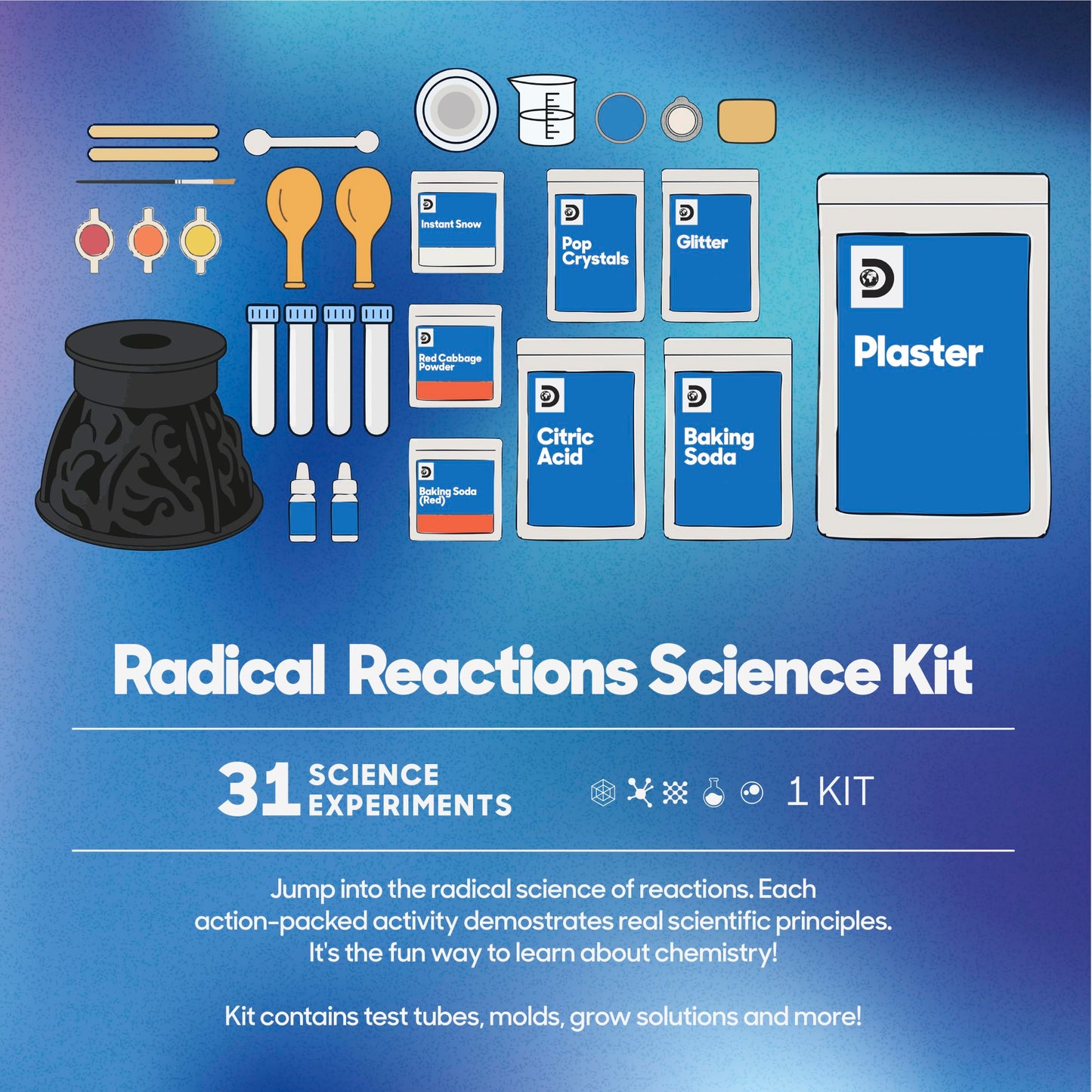 Discovery Radical Reactions Science Kit - 31 Experiments STEM Lab for Kids| DIY Activity Set with Chemistry Tools, Volcano Mold, Instant Snow| Educational Learning Toy| Gift for Boys Girls| Ages 8+
