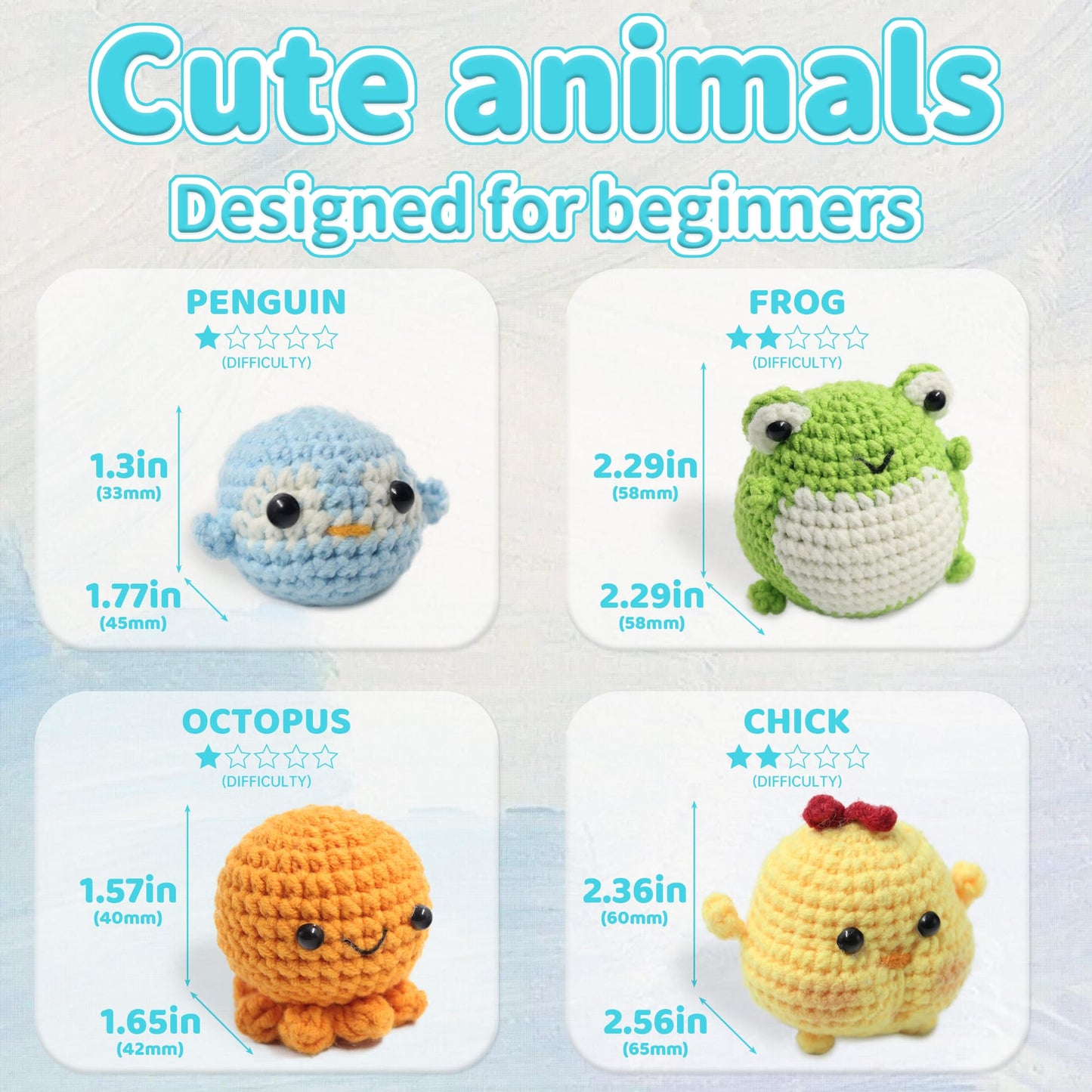 YAMAXIN Crochet Kit for Beginners Adults – 4PCS Animal Amigurumi Crochet Starter Kit with Yarn, Hooks, Tools, and Video Tutorials – DIY Knitting Craft Kit (Chick, Frog, Penguin, Octopus)