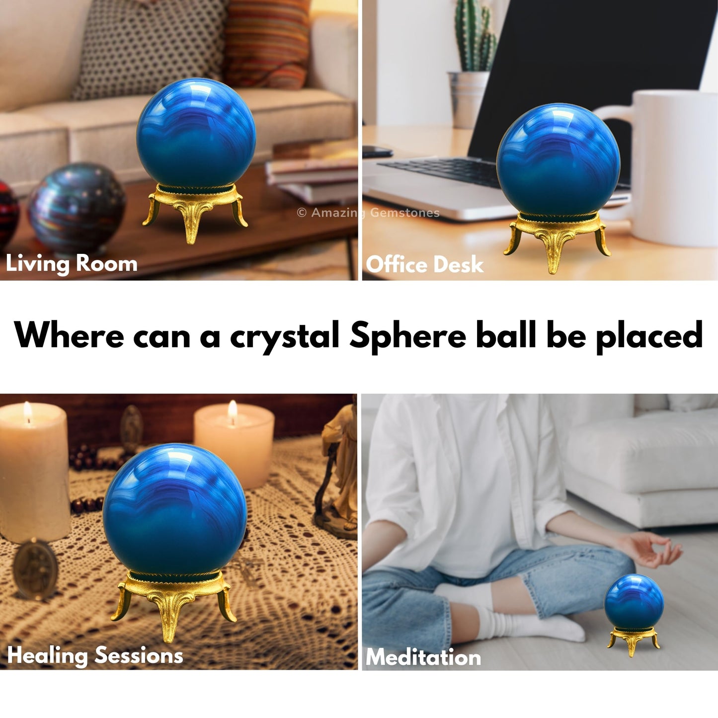 Amazing Gemstone Blue Onyx Crystal Ball with Stand - 2" Inches Crystal Sphere Meditation Balls for Witchcraft and Decorative Balls