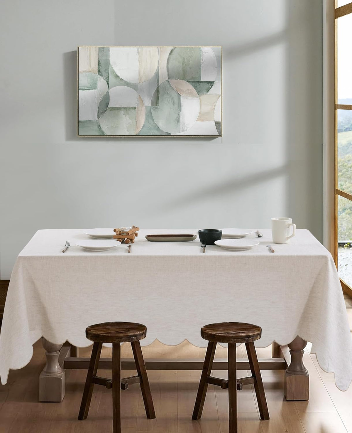 100% French Flax Linen Tablecloths Scalloped Embroidery Rectangle 84Lx60W Inch for Dinners, Parties, Spring, Easter, Machine Washable, 6-8 Sets, Linen(Edges-Gold)