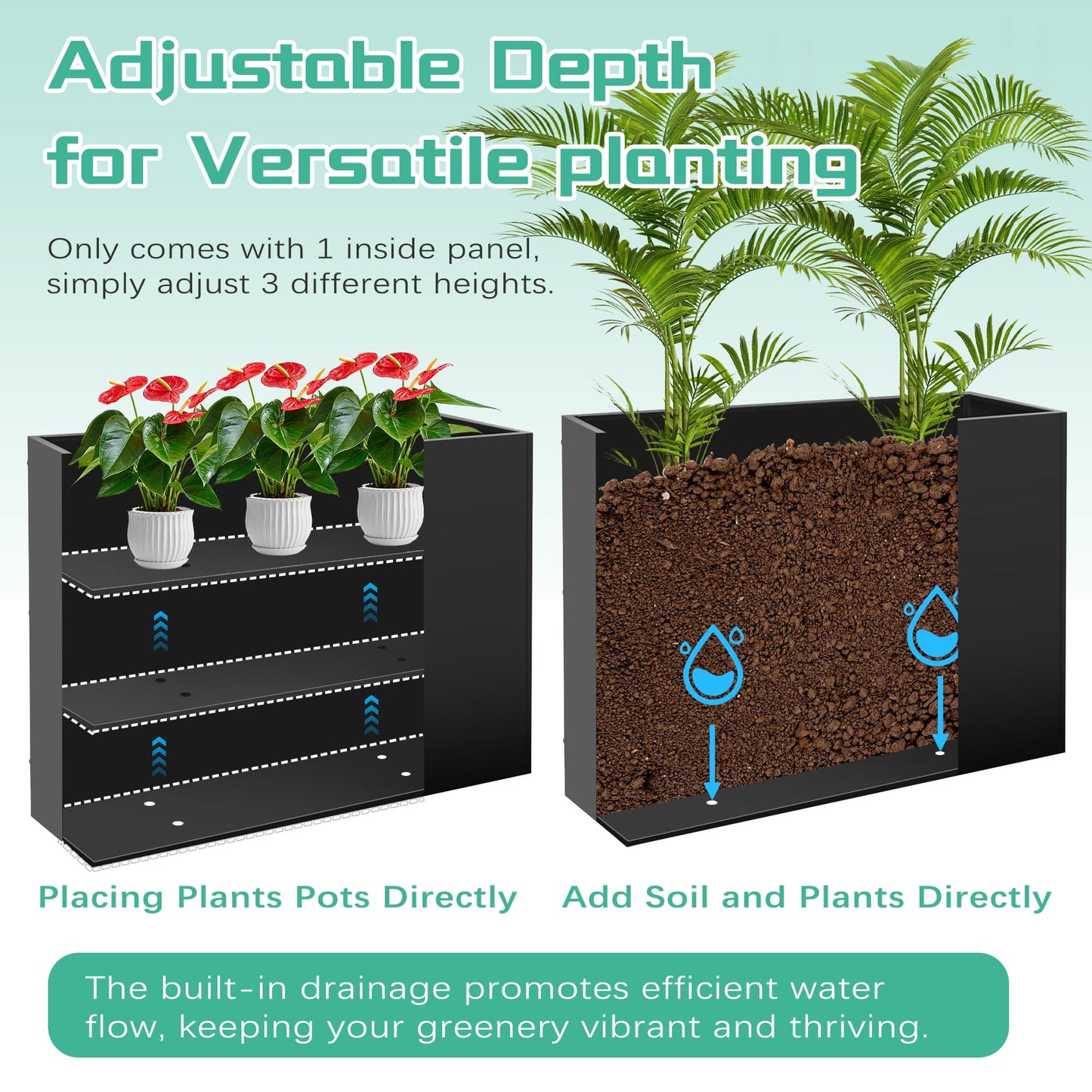Metal Rectangular Planter Box, Large Planter Boxes Outdoor, 37''L x 13''W x 26''H Heavy Duty Plant Box with Removable Insert Shelf, 3 Tier Adjustable Height Tall Garden Planter for Plants, Flowers