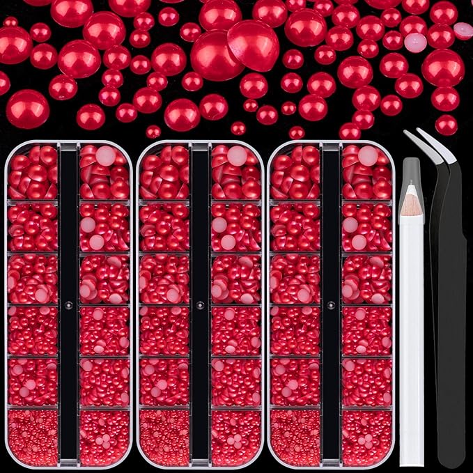 Belleboost Flat Back Pearls Kits 3 Boxes of Flatback Red Half Round Pearls with Pickup Pencil and Tweezer for Home DIY and Professional Nail Art, Face Makeup and Craft