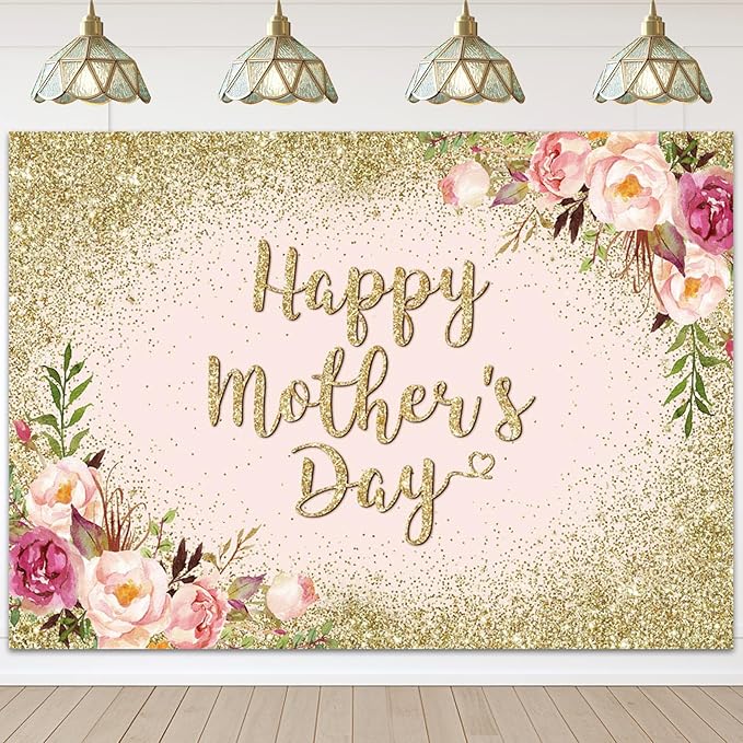 Avezano Glitter Gold Happy Mother's Day Backdrop for Thanks Mother Party Photoshoot Photography Background Blush Pink Golden Glitters Dots Floral Mom's Day Party Decorations Backdrops (8x6ft)