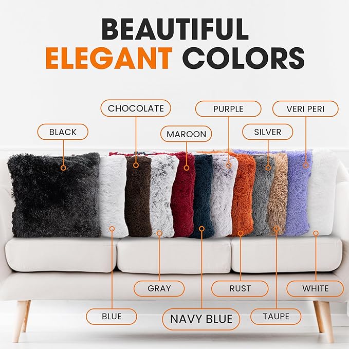 Cheer Collection Throw Pillows for Couch and Bed, Soft Shaggy Throw Pillows with Inserts Included, Cozy Long Hair Faux Fur Pillows - Set of 2-26" x 26" Navy