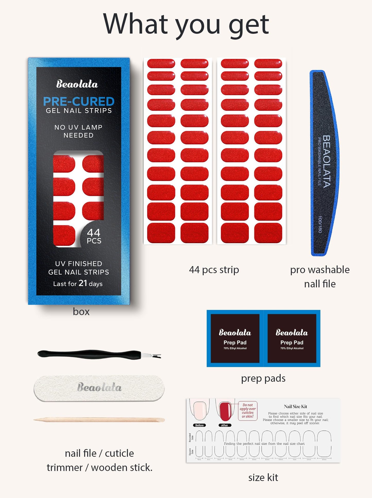 Beaolata Real Gel Nail Strips (No UV Light Needed) - 44Pcs Salon Quality Nail Stickers - Long Lasting Polish Wraps for Women, Easy Apply & Remove (Pigeon Blood Ruby)