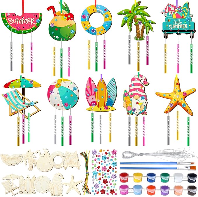 JellyArch 30 Pack Summer Wind Chime Making Kit for Kids, Summer Watermelon Coconut Beach Gnome DIY Wind Chime Wooden Crafts Kit Ornaments for Girls and Boys Activity Birthday Outdoor Decoration