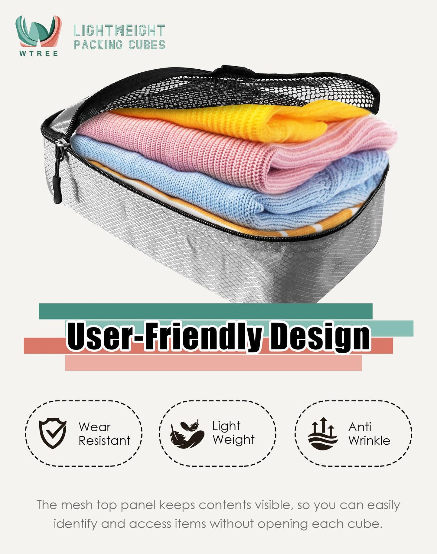 WTREE 4-Piece Packing Cubes Travel Accessories Set for Suitcases - Luggage Organizer Bags with Double Zipper - Mesh Top - Small/Medium/Large/Slim - Grey