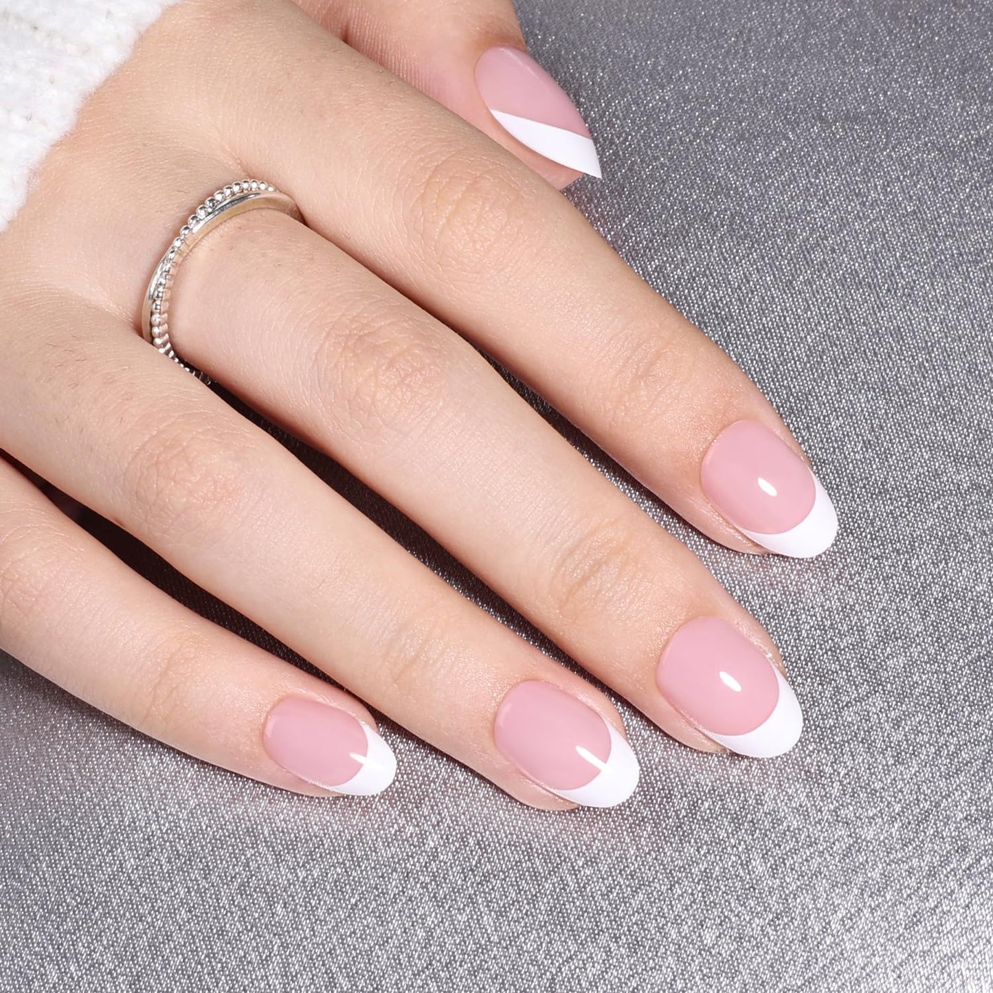 French Tip Press On Nails Short Almond - Soft Pink Base French Fake Nails with White Tips, Natural Oval Press On Nails Kit, Reusable Glue On Nails, 32pcs in 16 Sizes Nails Press ons, Blush French