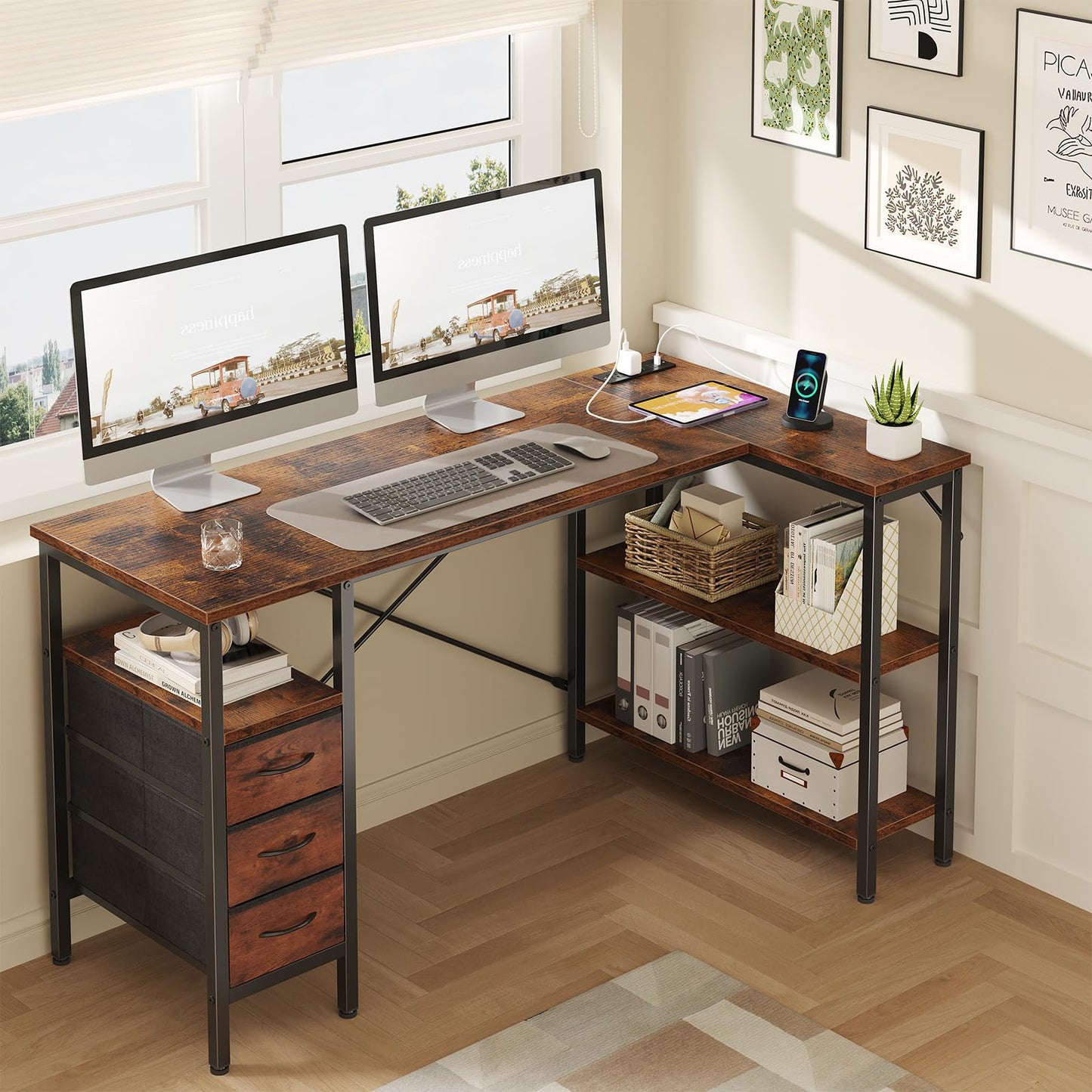 DUMOS L Shaped Desk with Shelf Drawers 55 Inch, Brown Corner Computer Desks Gaming with Power Outlet, Study Table with Adjustable Shelves, Home Office Tables for Bedroom Teacher Reading Writing