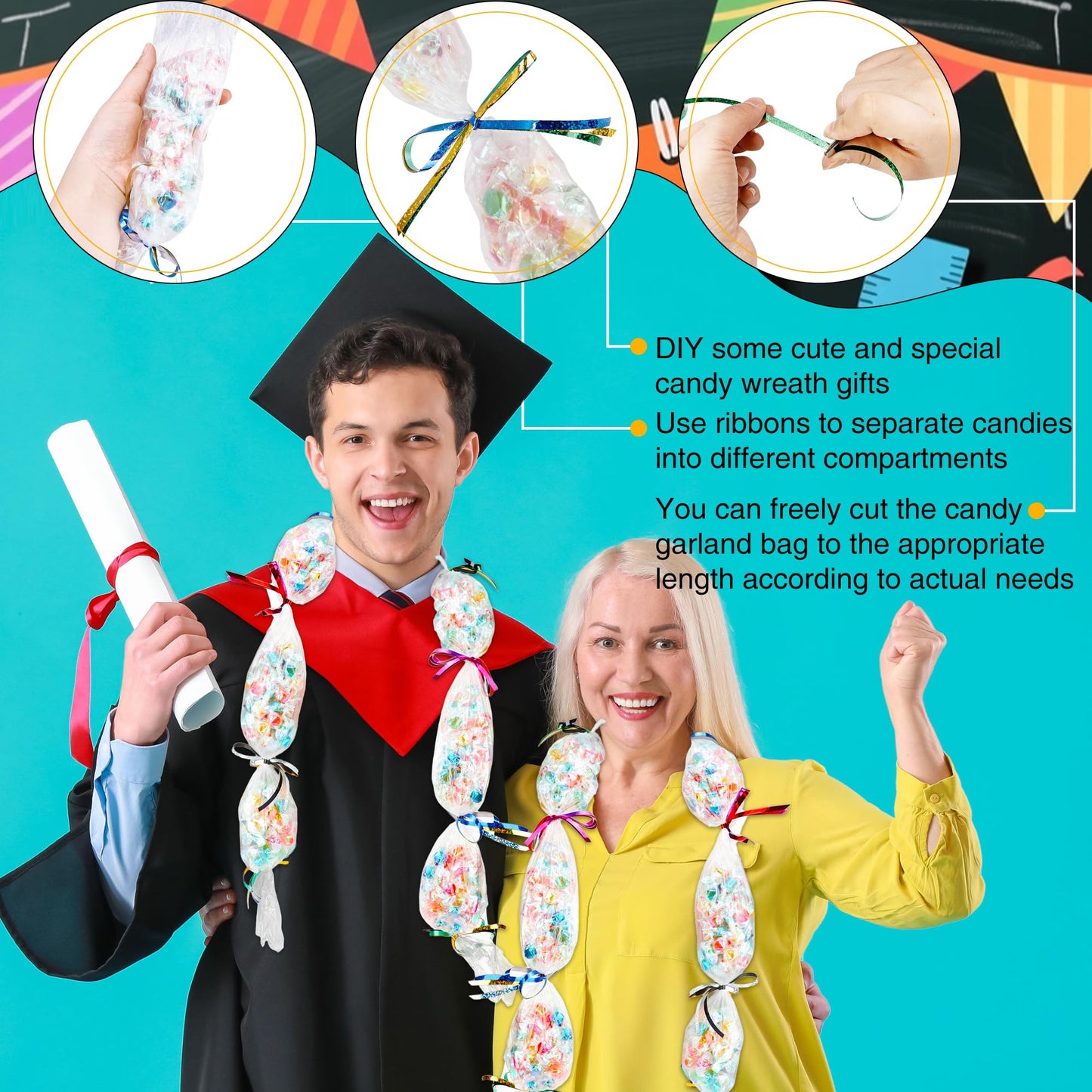 Mikasee Graduation Candy Lei Tubing Making Kit Include 1 Rolls 3.2 inch x 984 ft Graduation Necklace Lei Tubing Bags with 8 Rolls Ribbon and 1 Scissors for Graduation Garland DIY