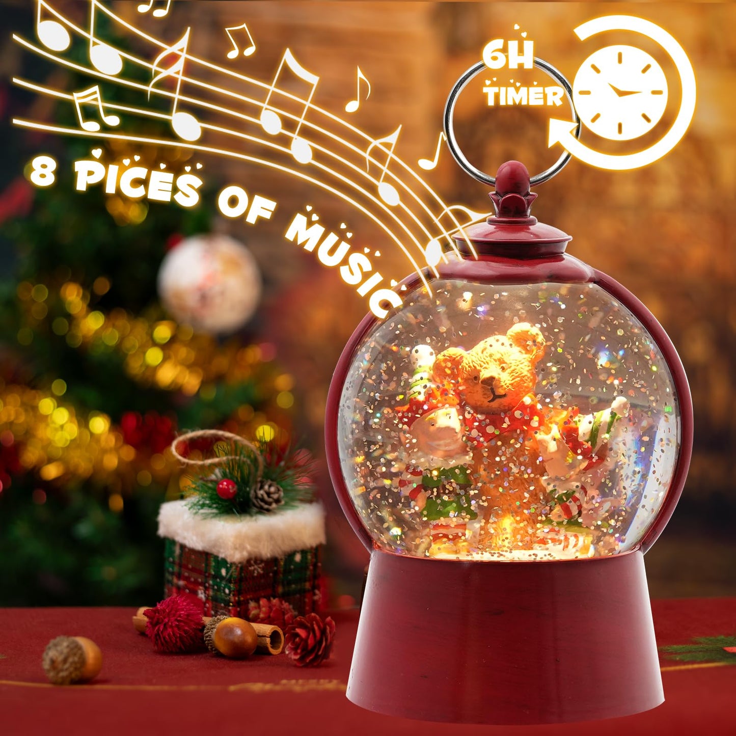 Christmas Snow Globe Lantern with Swirling Glitter Christmas Home Decoration Elf Bear Musical Snow Globe, 6 Hour Timer, USB Powered & Battery Operated Music Box for Holiday