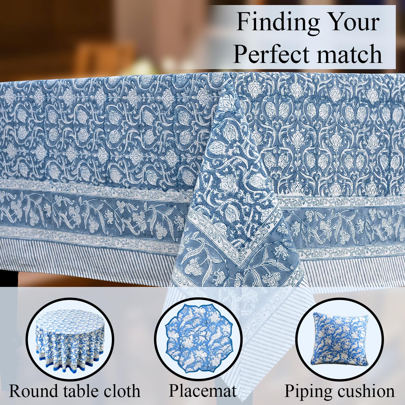 CPC Azure Regal Tablecloth 100% Cotton 70x118 Inch Indian Block Print Rectangle Table Cover, Table Cloth for Gifting in Weddings, Halloween, Fall, Christmas, Thanksgiving