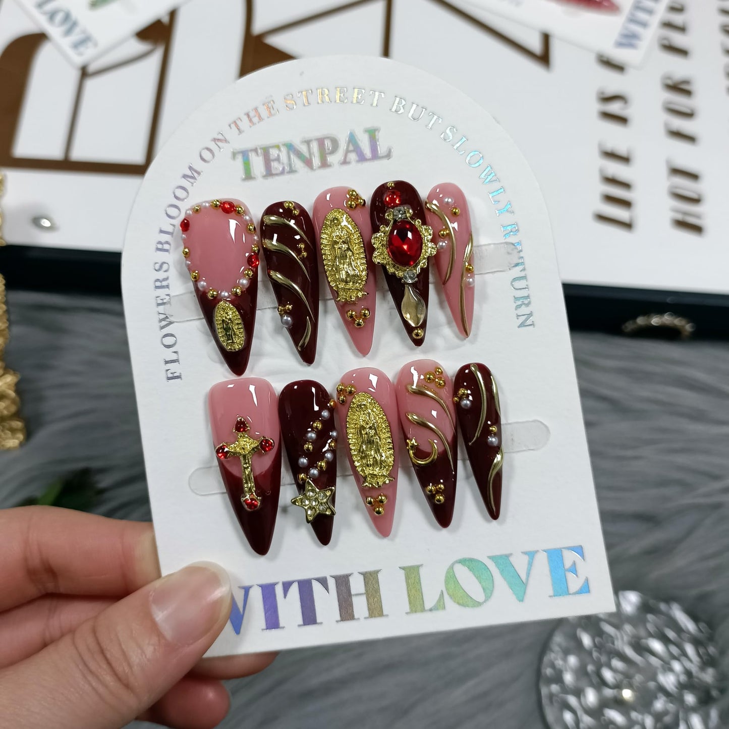 TENPAL Handmade Press on Nails Long Stiletto - Nude Pink Wine Cross Design Fake Nails with 3D Religious Charm | Acrylic Glossy Icy False Nails with Tools | Chapelcore Y2K Nails(M)