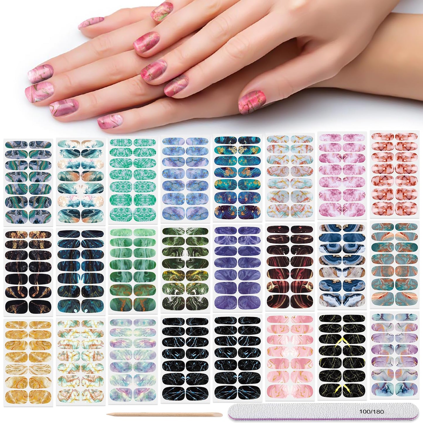 DANNEASY 24 Sheets Full Nail Wraps for Women - Marble Print, Nail Polish Strips Self Adhesive Gel Nail Stickers Acrylic Manicure Strips Nails Art Accessories with 1pc File, Cuticle Stick