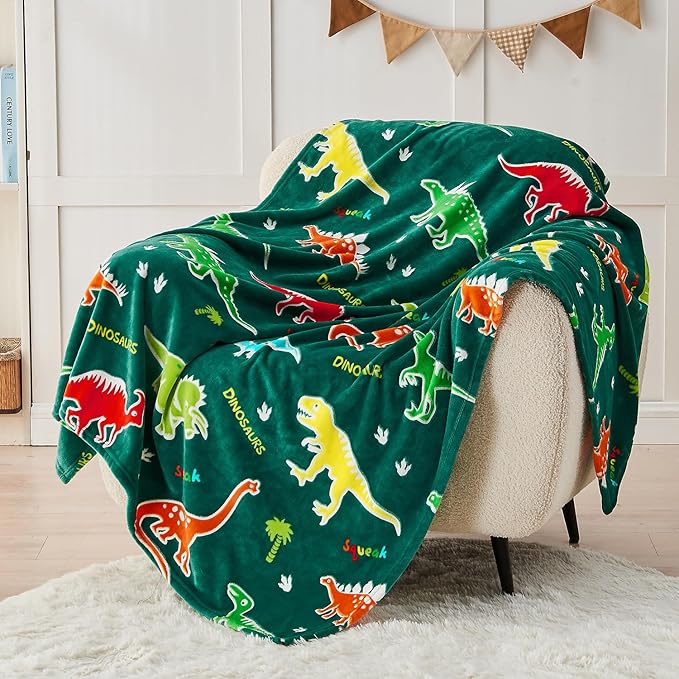 SOCHOW Glow in The Dark Dinosaur Blanket for Sons Daughters, Toys for 3-10 Year Old Preteen Teen Birthday Presents, Soft Cozy Flannel Throw Blanket for All Seasons, Green 50 x 60 Inches